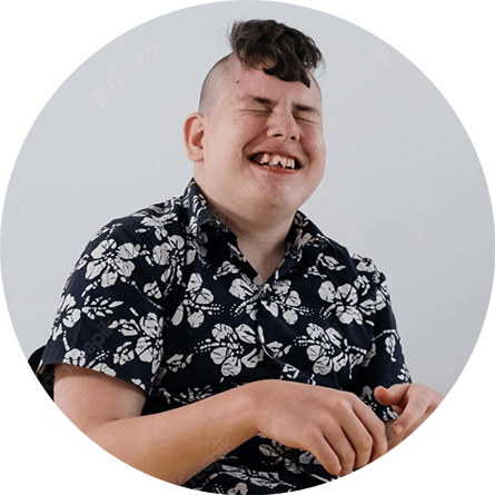 This young man is showing that laughter really is the best medicine and something we love to do at EllieB's Disability Services